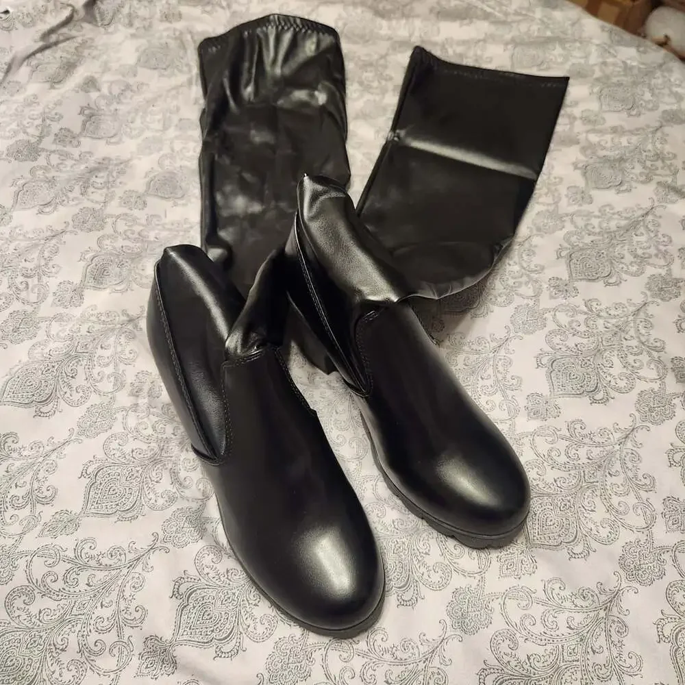 Women's Black PU Leather Over-the-Knee Chunky Block Heel Platform Boots